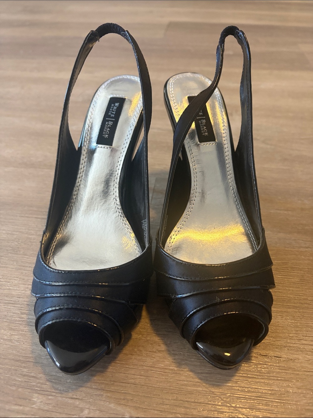 White House Black Market Black Peep-Toe Slingback Heels with Silver Insole